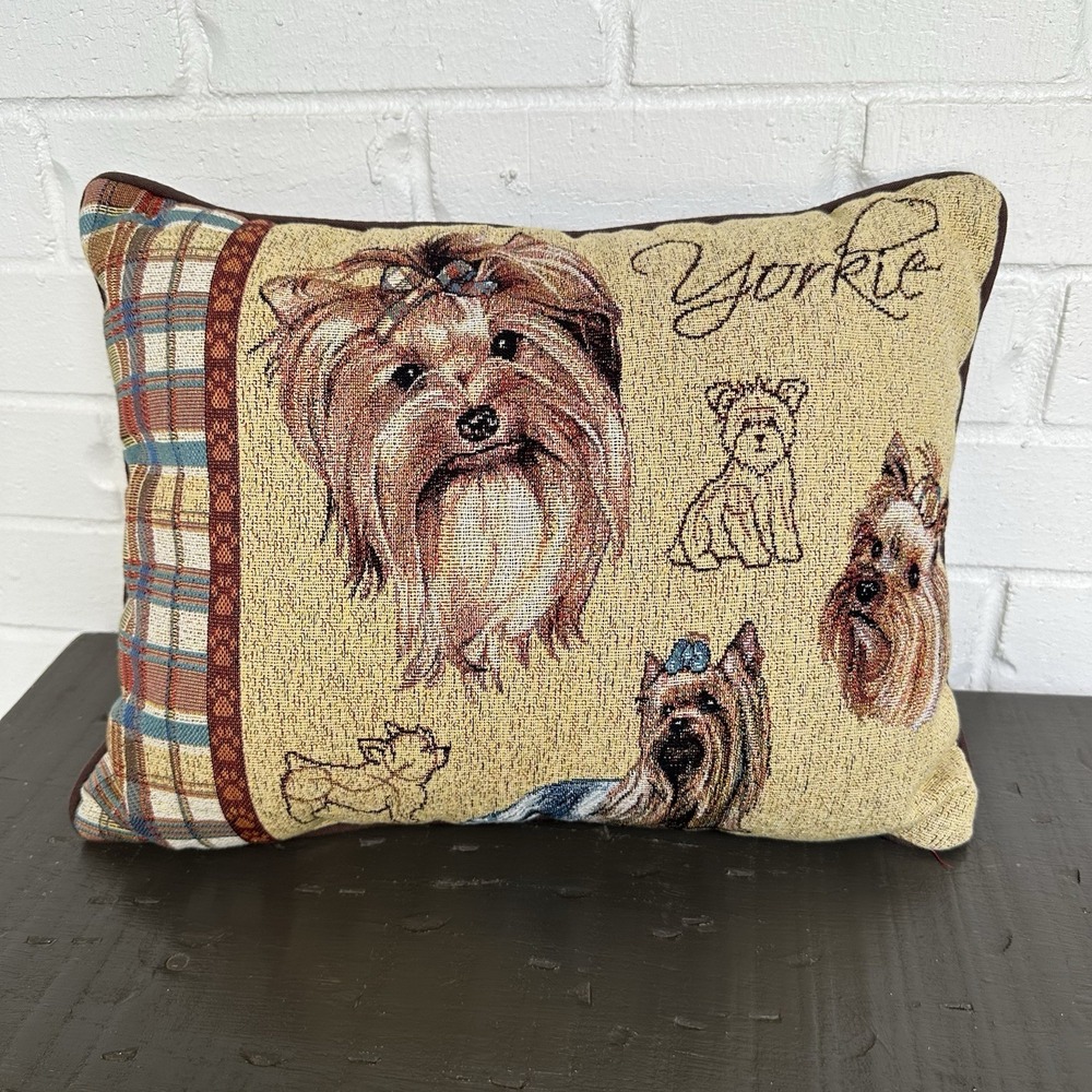 Yorkshire Terrier Decorative Tapestry Pillow 16"X12" YORKIE Dog Love Brown Plaid